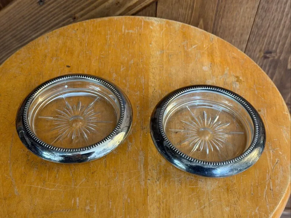 Leonard Silverplate Crystal Glass Coasters Set of 2 Starburst Beaded Rim (9255)